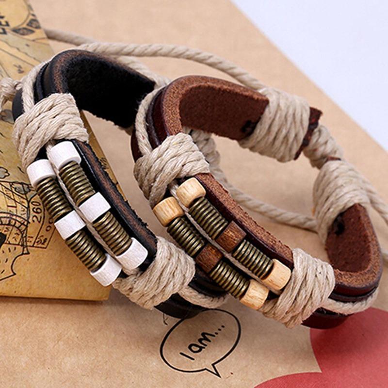 Men's Women's Punk Style Bangle Bronze Spring Wood Beads Weave Leather Bracelet
