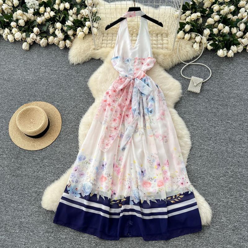 Sommerkleid Tailliertes Damenkleid Halsketten Rückenfrei Bedrucktes Kleid