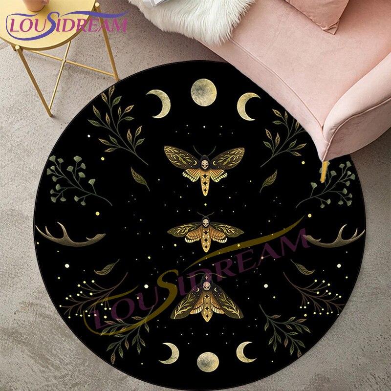 Alfombras de polilla de la muerte para sala de estar, alfombra redonda con calavera gótica, alfombra para suelo, alfombra con mariposa, Luna y estrella, felpudo