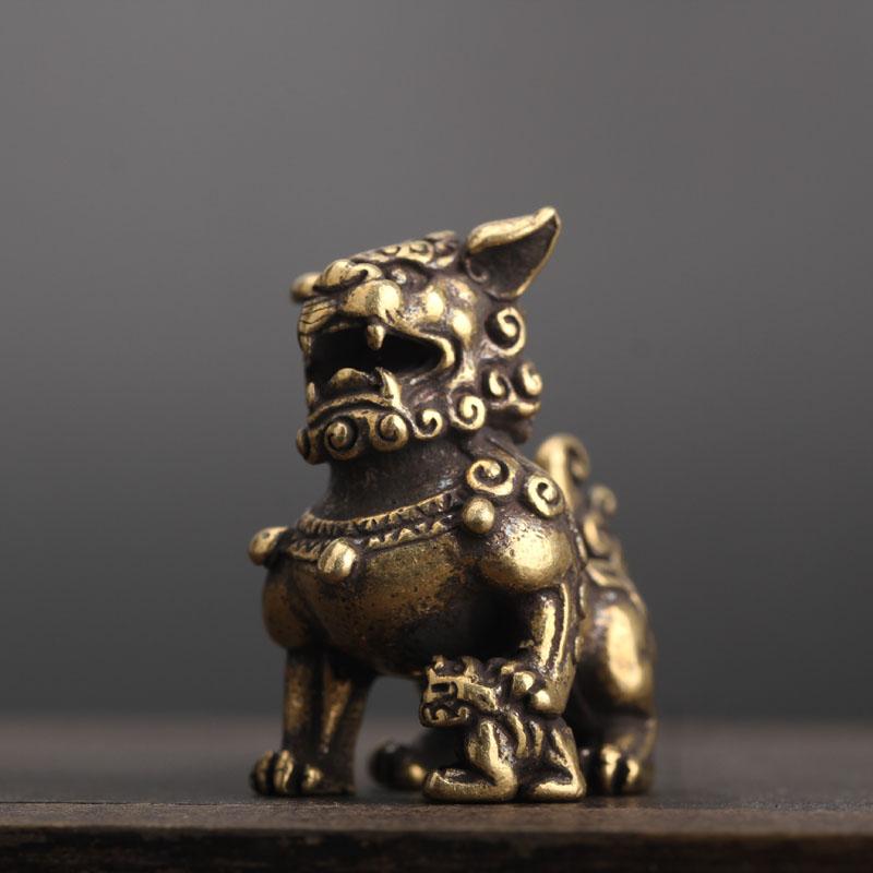 1 Paar Reine Kupfer Glückslöwenkönig Figuren Miniatur Schreibtischornamente Antike Bronze Chinesische Tierstatue Heim Feng Shui Dekoration