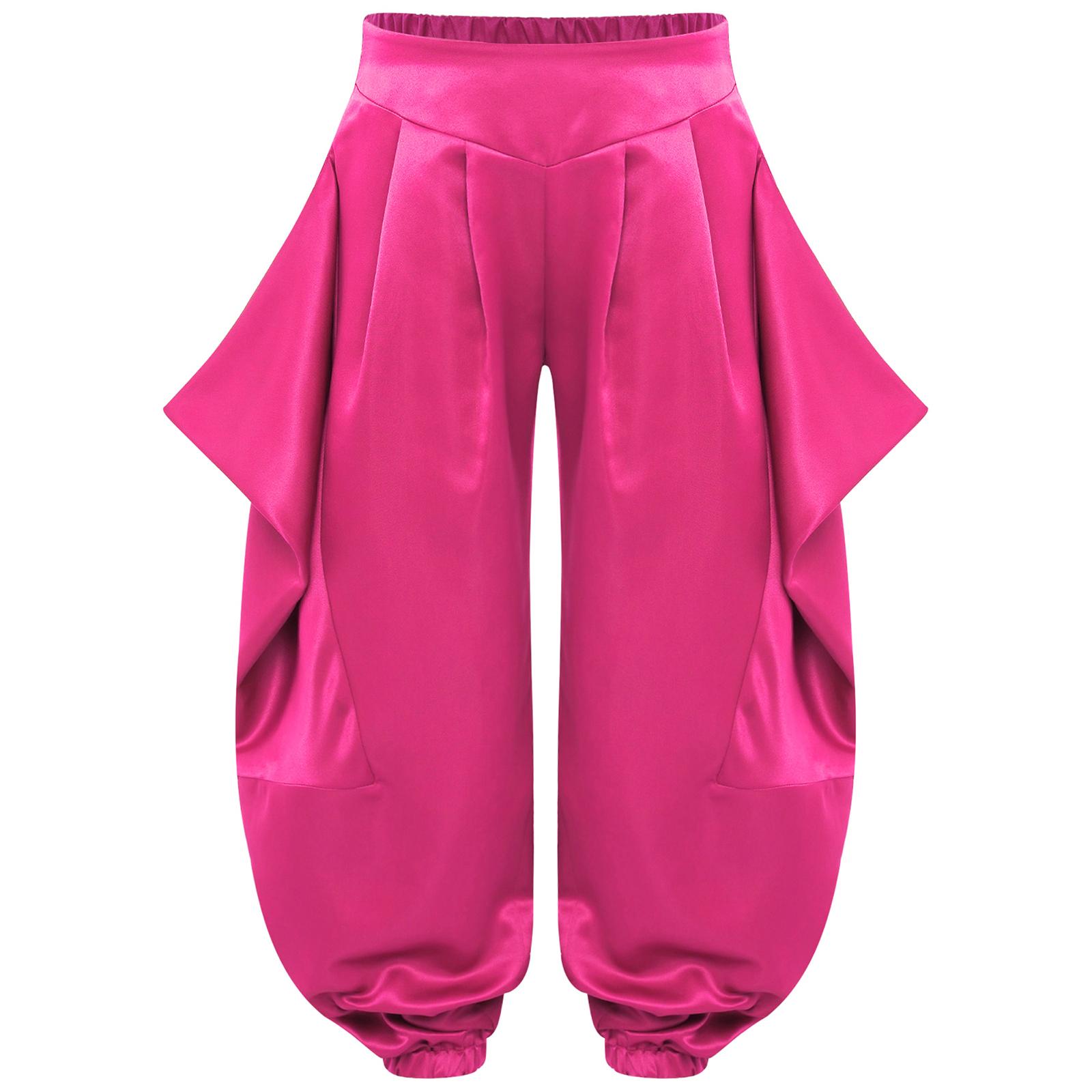 

Дівчачі штани для танцю живота однотонного дизайну з рюшами на половину еластичним поясом гаремного стилю для виступів 9-10 Years гарячі рожевого кольору