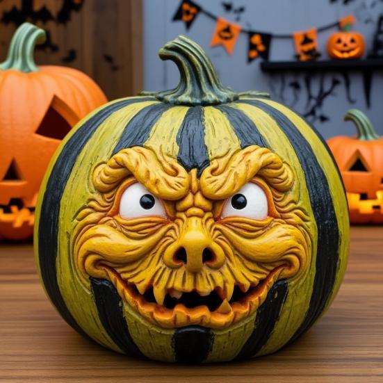 Halloween Pumpkin Figurine Resin Pumpkin Face Sculpture Spooky Pumpkin Halloween Decor for Home Office Desktop Decoration