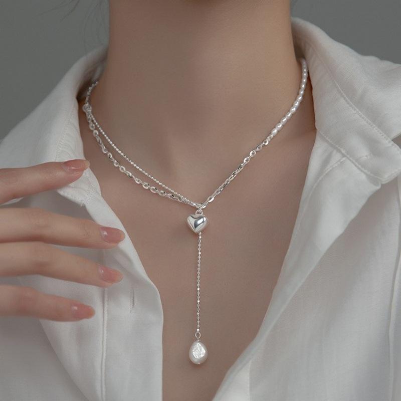 Elegant Heart Tassel Pearl Necklace: Women s Fashionable Chic Peach Heart Collarbone Chain