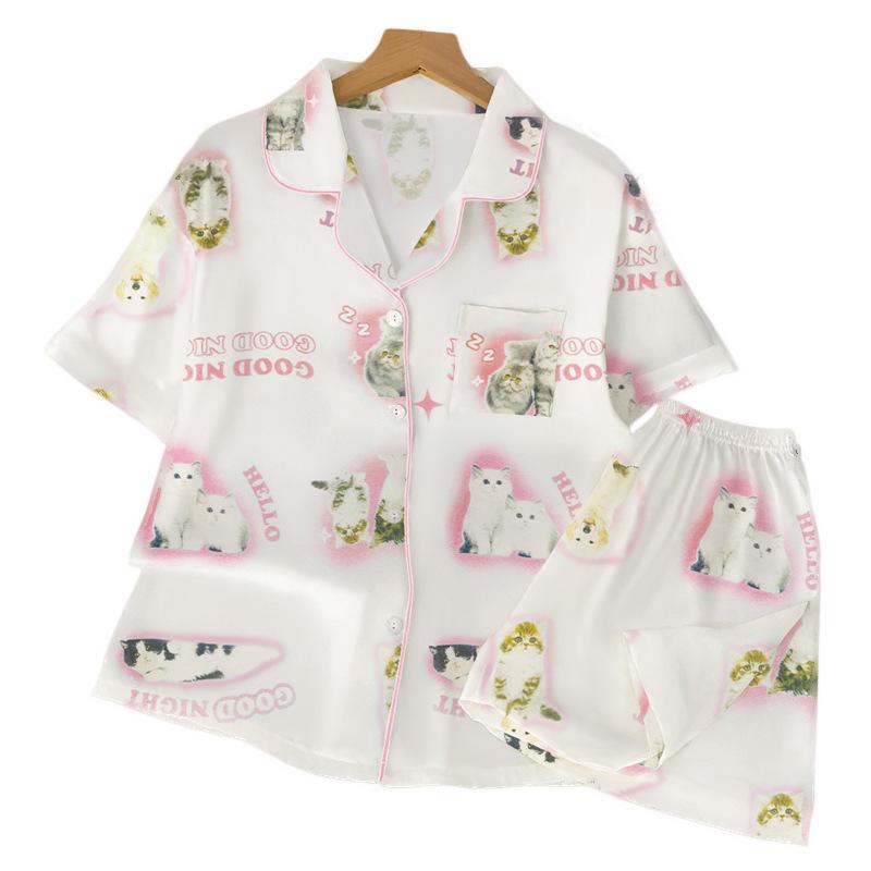 Ice Silk Pajamas Women'S Summer Short-Sleeved Cardigan Three-Piece Set Children'S Fun Cat Cartoon Loungewear