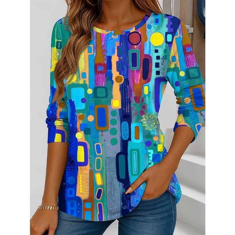 Women's T shirt Long Sleeve Crew Neck Long Sleeve Tunic Graphic Geometric Striped Vintage Stylish Regular Tops