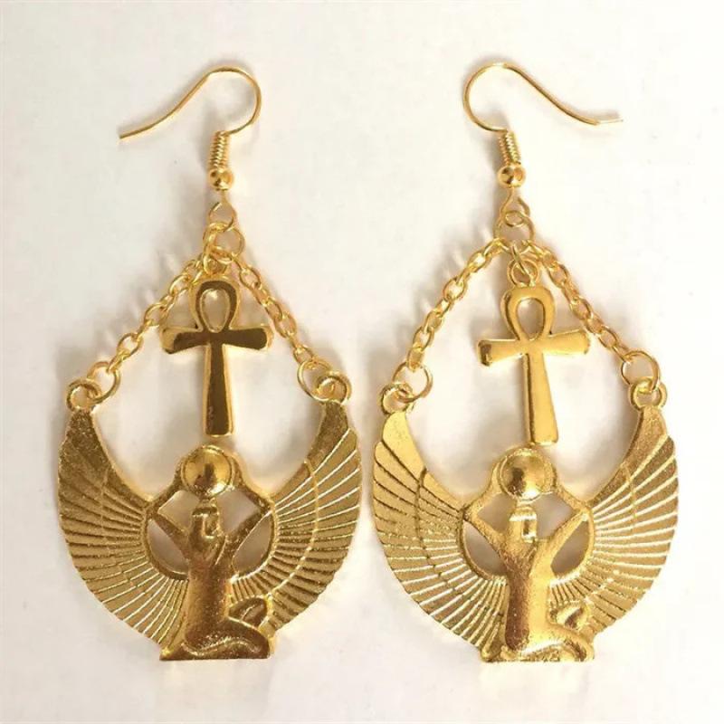 Ancient Egyptian Gold-Zinc Alloy Earrings - Goddess Isis Design