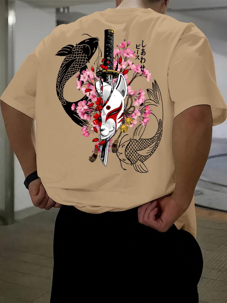 Printed Tshirt For Unisex New Summer Fashion Japanese Koi Fox Mask Katana Cherry Blossom Printed Tee Machine Washable Sxxl