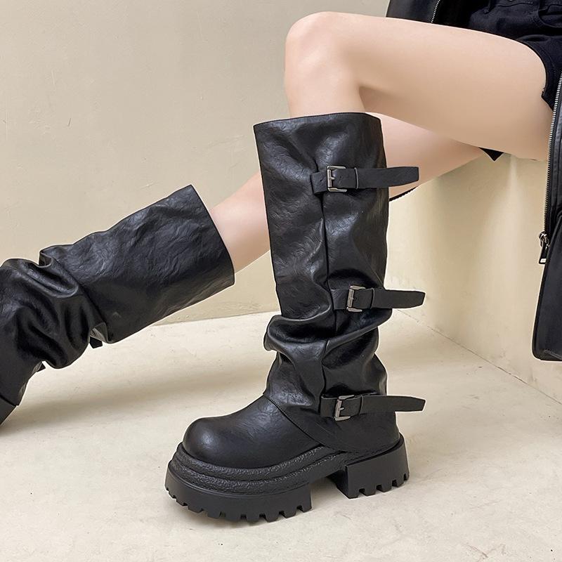 Fashion retro versatile thick heel pleated but knee fashion boots women's 2025 autumn and winter new versatile slim boots