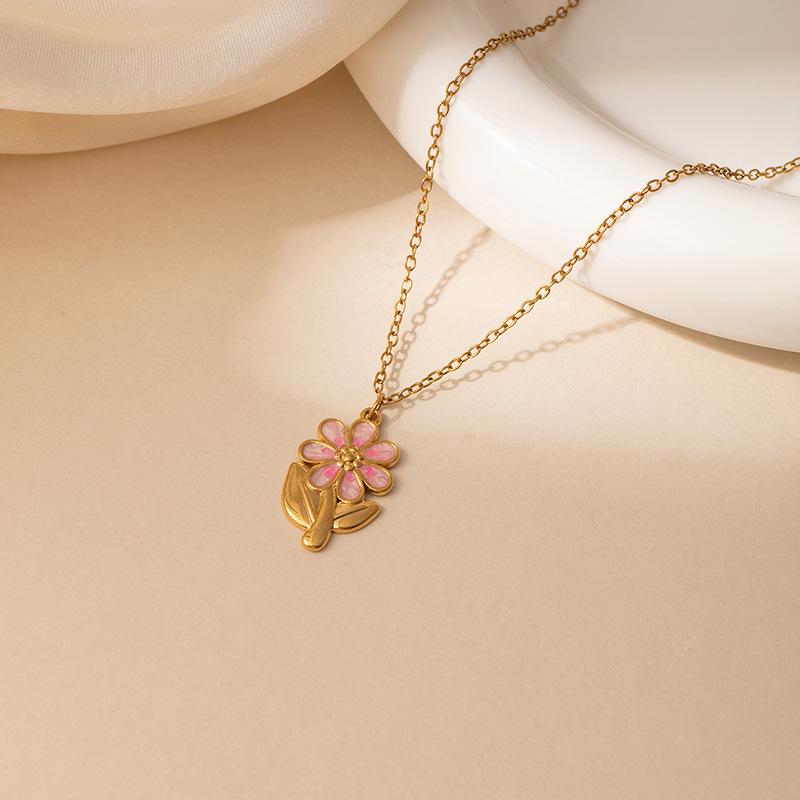 Elegant Titanium Steel Pink Cherry Blossom Necklace with Colorful Drip Glaze Rose Flower, Versatile Women's Clavicle Chain