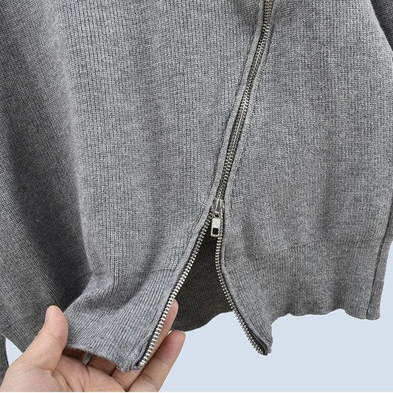 Round Neck Side Loose Zip Long Sleeves Autumn and Winter Knitting Sweater Pullover Bottoming Shirt Asymmetrical Women's Clothing Tops