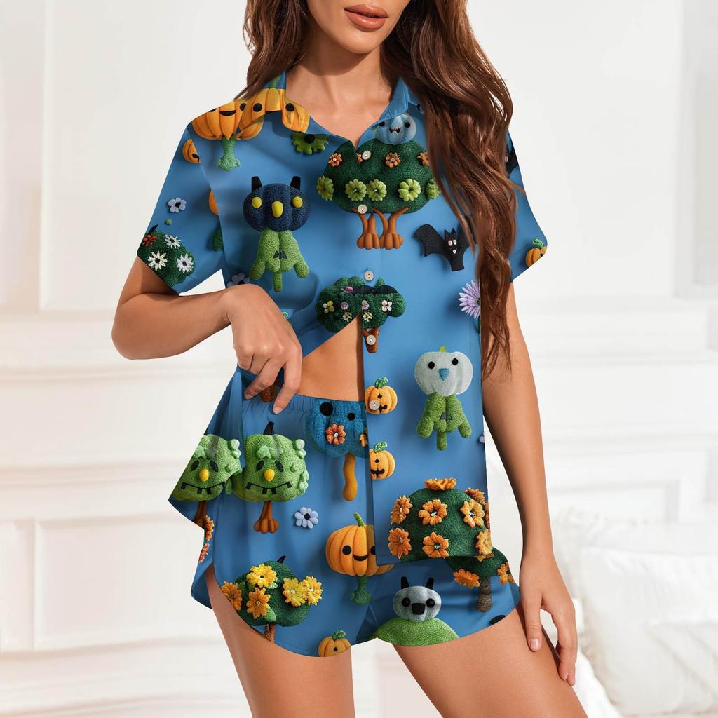 Dam Pyjamas i Issilke Knappar Hemmakläder Halloween Tryckt Kortärmad Satin Pyjamasset