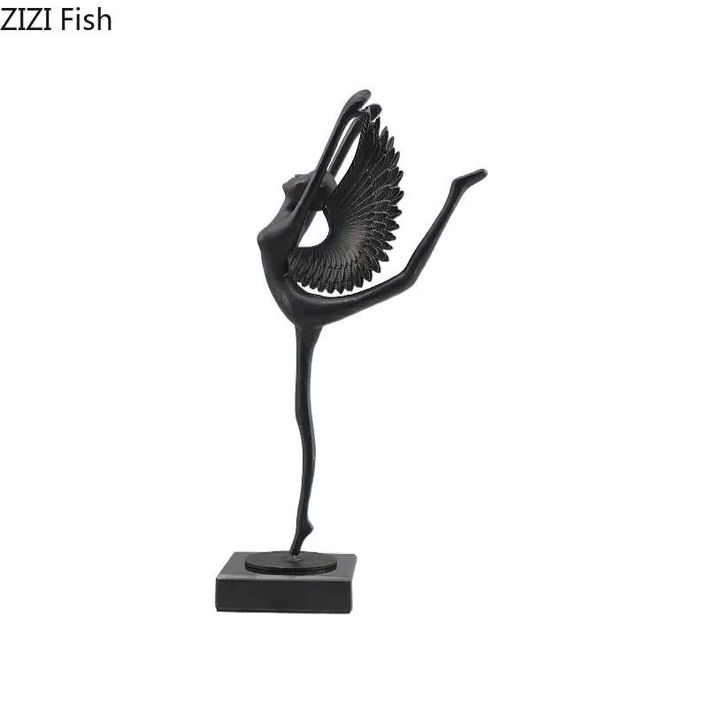 Ballet Angel Black Figures Sculpture Marble Base Desk Decoration Abstract Dancer Character Metal Statue Room Aesthetic Decor