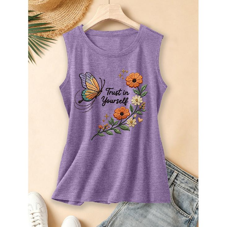 2026 New spring, summer, and autumn women's round-neck design Orange Blossom and Colorful Butterflies Inspirational English Daily Commuting