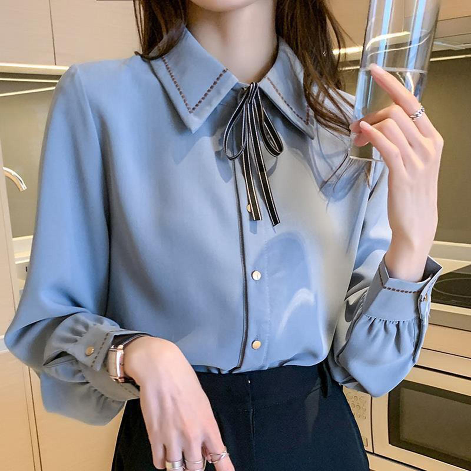 

Lace Chiffon Shirt Women s Long Sleeved Spring And Bottoming Shirt, Bow Tie Shirt Design Top XL синій