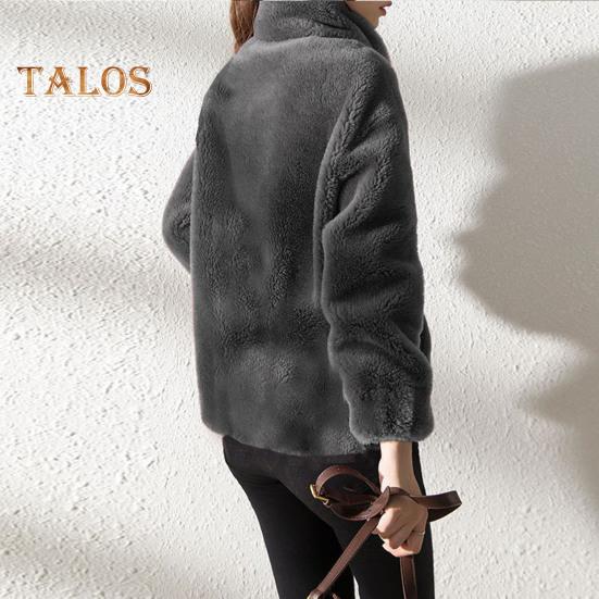 Herbst-Winter-Cardigan für Damen, doppelseitig, pelziger Plüsch, Reißverschluss, Kordelzug, Stehkragen, lange Ärmel, verdickte, einfarbige Strickjacke aus Korallenvlies