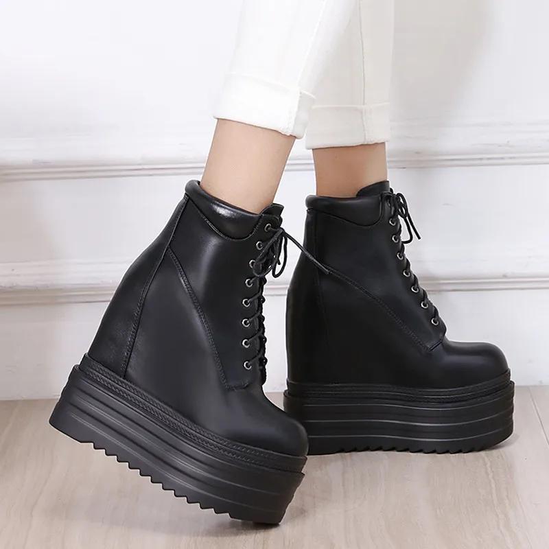 

Модные ботинки на шнуровке 16 см Толстый каблук Ботильоны Женские Туфли на высоком каблуке Осень Зима Женская обувь черные ботинки обувь на платформе 37 чёрный