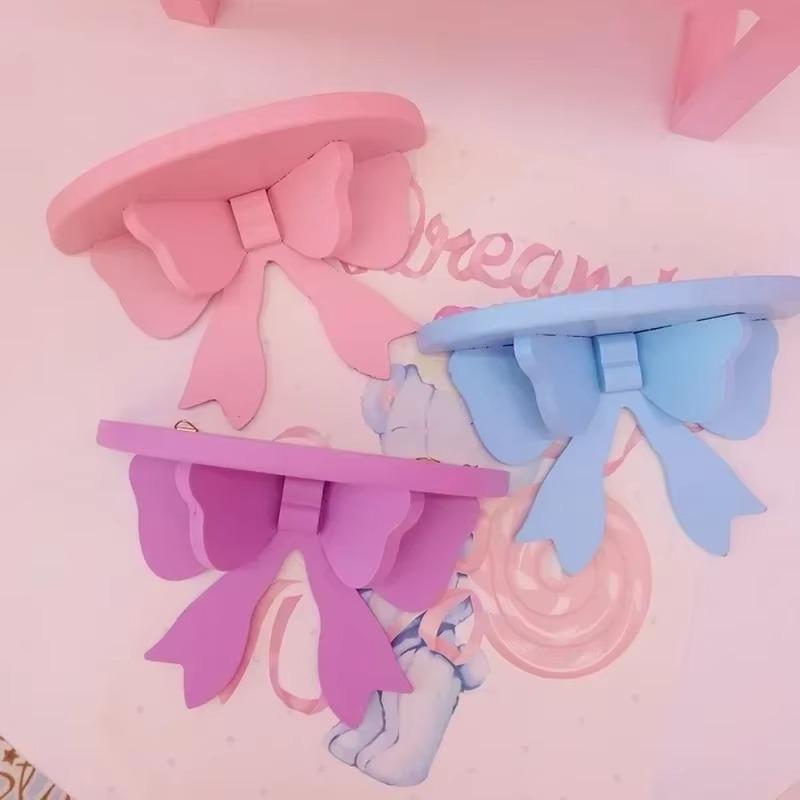 Wooden Decorative Shelves Girls' Room Organizer Holder Pink Wall Shelf Decor Frame Bows Decoration Wooden Storage Rack