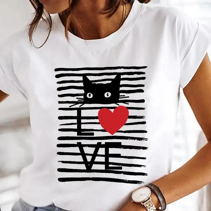 T-Shirt mit schwarzem Katzenaufdruck für Damen, weißes Kurzarm-Sommer-T-Shirt mit niedlichem Muster, Sommer-Casual-Weißes T-Shirt, grafische T-Shirts