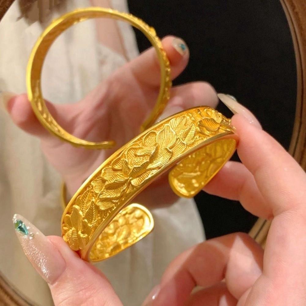 Peony Flower Chinese Style Bangle Opening Wrist Jewelry Exquisite Golden Bracelets Banquet