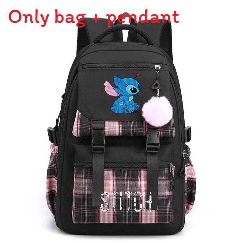 Cute Girl Backpack For School With Stitch Print And Checkered Patchwork Design For Middle School Students