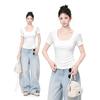 Korean White Square Neck Short-sleeved T-shirt Women's Summer New Clavicle-exposed Shoulder Slim-fitting and Thin Commuter Top