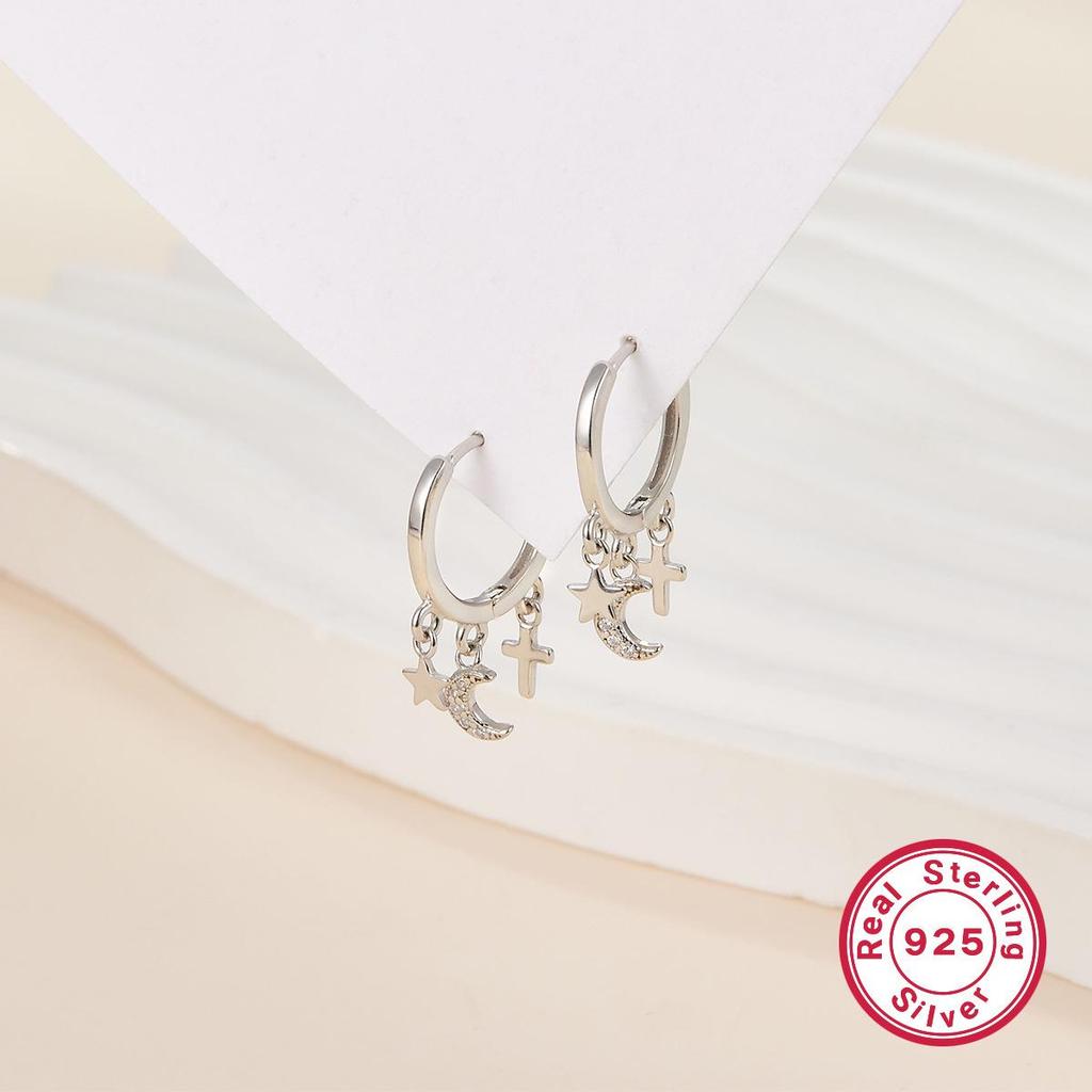 Sterling Silver Star, Moon & Cross Zircon Earrings – Trendy and Versatile