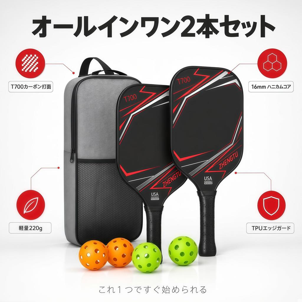 ZHENGTU Pickleball Paddle Set and Family Friendly T700 Carbon Fiber 16mm Thick PP Honeycomb Lightweight 220g Includes 4 Balls and Carrying Case Unisex