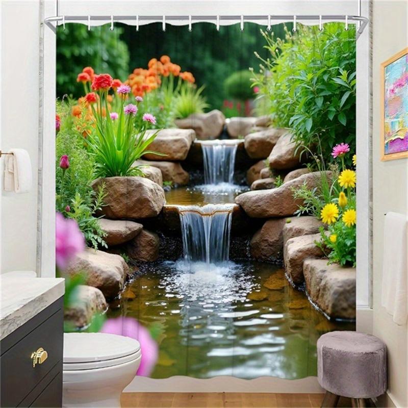 

3D Garden Waterfall Shower Curtain Nature Scene Flowers Rocks Stream Waterproof Fabric Peaceful Zen Bathroom Decor W60H190(CM)-1 Pcs