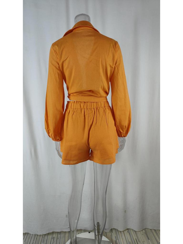 2026 Spring Women's Lace-up Solid Color Casual Top and Shorts Set