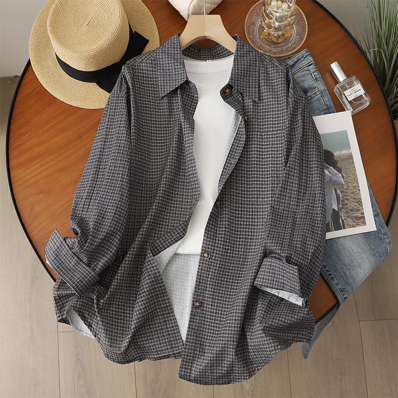 

2026 Spring Unisex Japanese Retro Lapel Plaid Cotton Shirt Medium кофейный