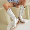 Fashion IPPEUM Silver Metallic Cowboy Boots Knee High Embroider Chunky Heel  Cowgirl Shoes Mid Calf Western Botas Cowboy Mujer
