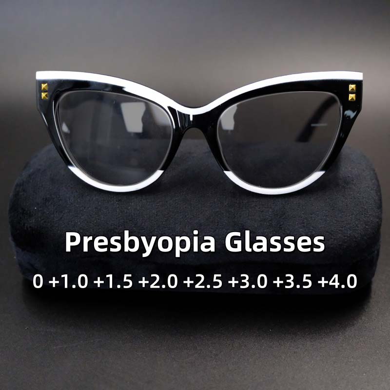 Women's Retro Cat Eye Studded Presbyopia Sunglasses Fashion Color Blocking Anti UV and Anti Blue Light Glasses Diopter To +4.0