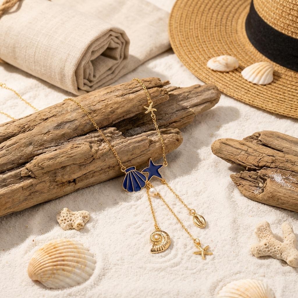 Elegant Blue Enamel Seashell Starfish Necklace For Women Conch Scallop Pearl Long Tassel Chain Drop Choker Beach Resort Jewelry