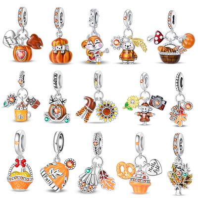 Charms Copper Autumn Pumpkins & Maple Leaves Charms Beads Fits 3Mm Original Bracelet Womens Diy Fine Jewelry Gifts