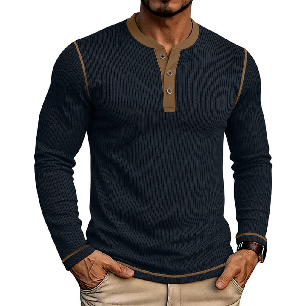 Men's Long Sleeve Henley Shirt Ribbed Knit Sweater Pullover Buttoned Collar Slim Fit Casual Top for Autumn Winter
