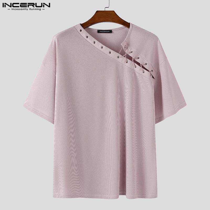 INCERUN Men Short Sleeve Bandage Texture Casual Loose T-shirts Tops