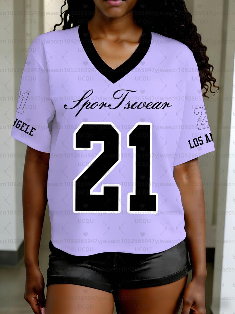 Women's NO.02 Print V-Neck Short Sleeve Casual T-Shirt Summer Graphic Tee Jerseys Plus Size Sport T-Shirt