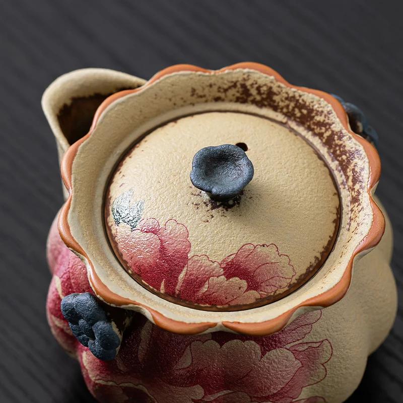 Red Teapot Ceramic Old Retro Style Peony Household High-end Single-person Hand-held Pot Small Tea Maker