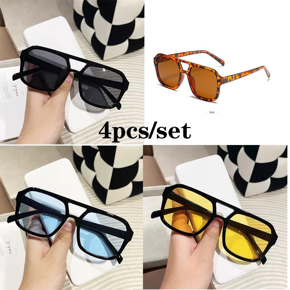 New 4 Pcs/Set Double Beam Square Sunglasses Women Men Vintage Luxury Rectangle Sun Glasses Shades Female Sunglasses Eyewear