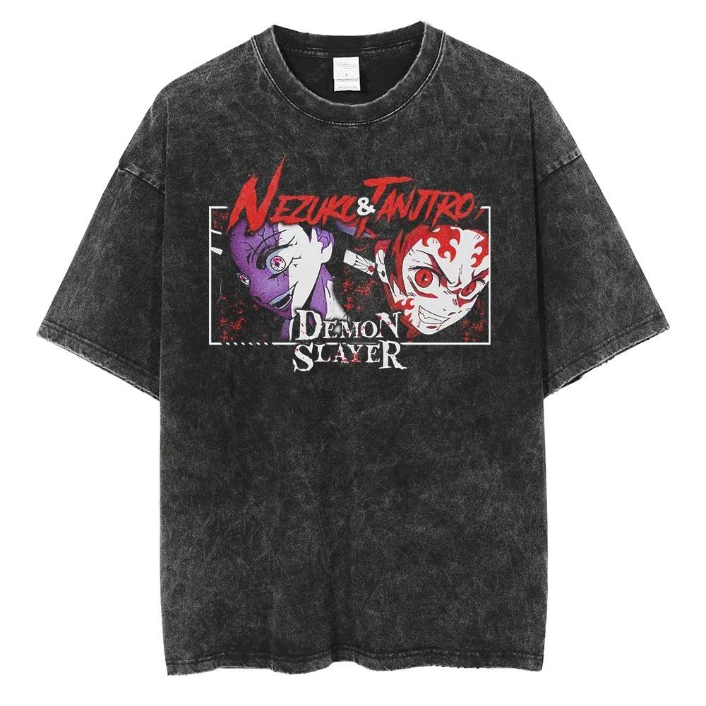 Demon Slayer Kamado Tanjiro Hinokami Kagura Vintage Washed Double Sided Print T-Shirt, Unisex Oversized Streetwear, Anime Fan Gift