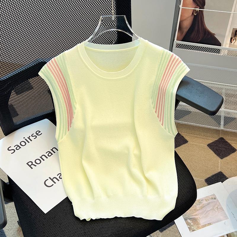 Women's Spliced Contrast Color Knitted Vest Summer Ice Silk Loose Sleeveless Korean Commute Thin Pullover Crew Neck T-shirt Tops