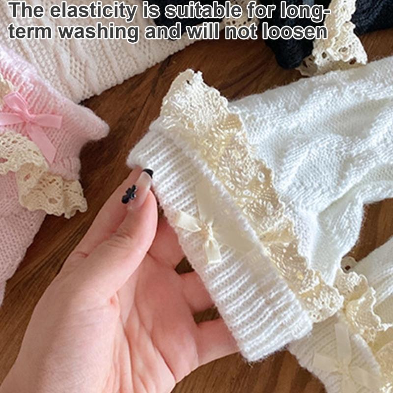 Women Fairycore Knitted Leg Warmers Calf Socks Japanese Sweet Bowknot Ruffled Lace Trim Leg Covers Boot Cuffs Stockings
