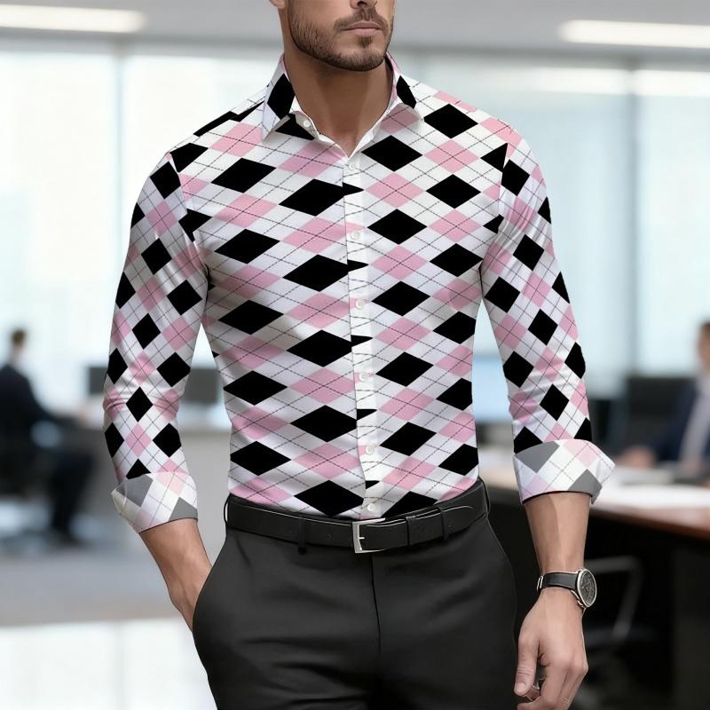 Men's Shirt with Diamond Grid Pattern, Personalized Contrasting Color Design, Versatile Street Style, Trendy Men's Clothing