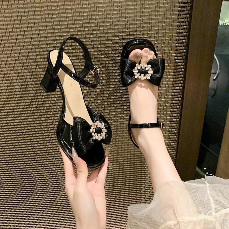 Fashion Summer New Block Heel Versatile One Buckle Strap Open Toe High Heels Bow Rhinestone Square Toe Sandals Women