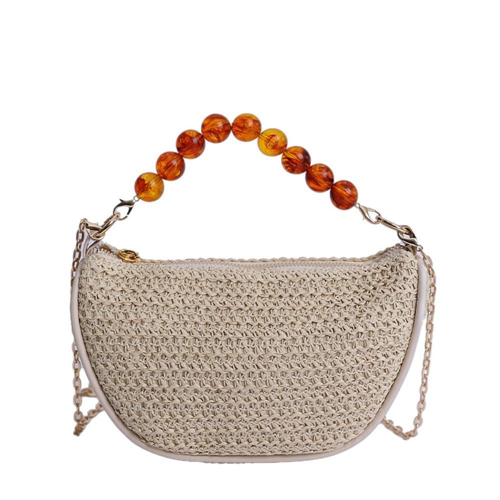 

Large Capacity Straw Bag Handmade Summer Beach Handbag Sweet Metal Chain Crossbody Bag Girls белый