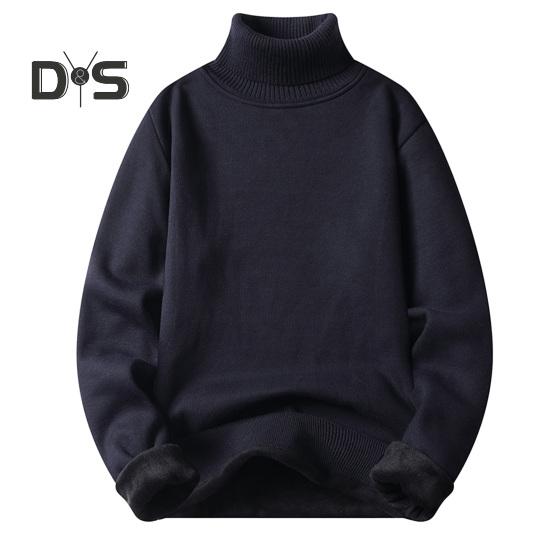 

Осень-зима для мужчин водолазка свитер с длинным рукавом сплошной цвет Slim Fit флисовая подкладка утолщенные вязаные топы джемпер L темно-синий
