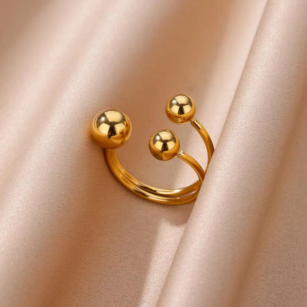 18K Gold Stainless Steel Adjustable Round Ball Ring - Light Luxury Fashion Jewelry for Women