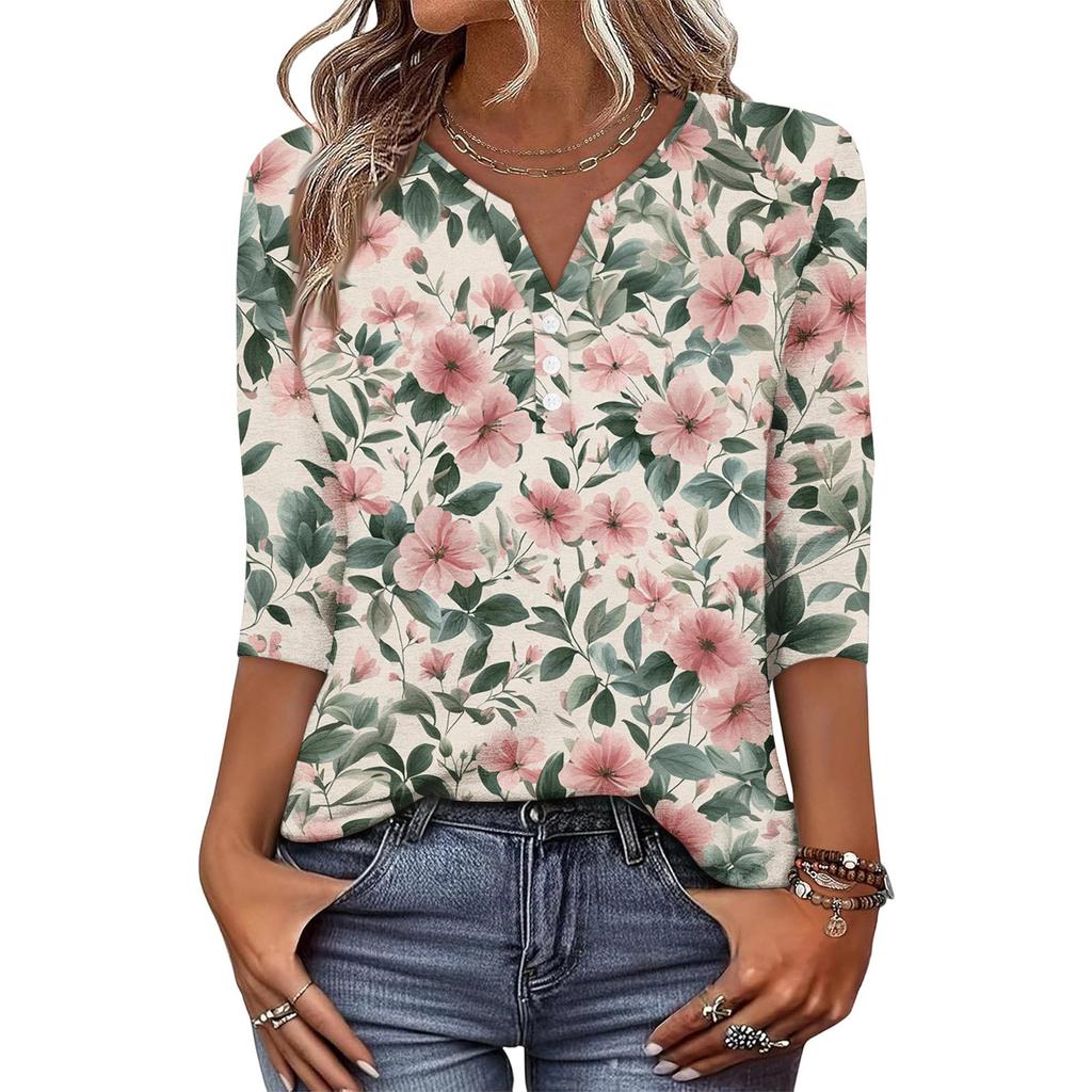 Women's Fashionable Casual Retro Floral Print V-Neck Button-Down Three-Quarter Sleeve T-Shirt Top