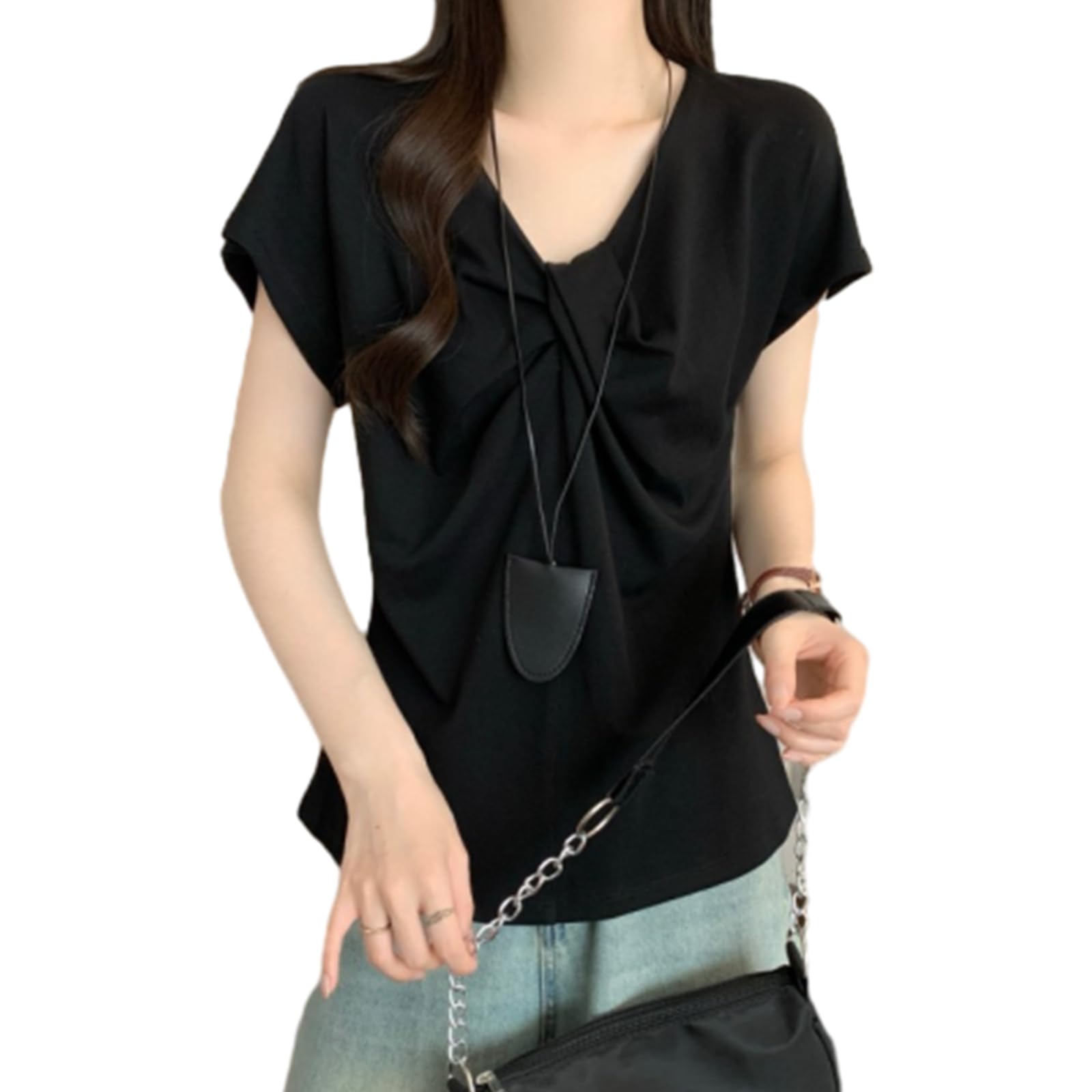 

JoccKorr Короткая однотонная футболка, сшитая из отдельных деталей, повседневная женская футболка, рубашка, блузка, рукав, топ с V-образным вырезом, с оборками, цвет, длина, модная, милая, чёрный