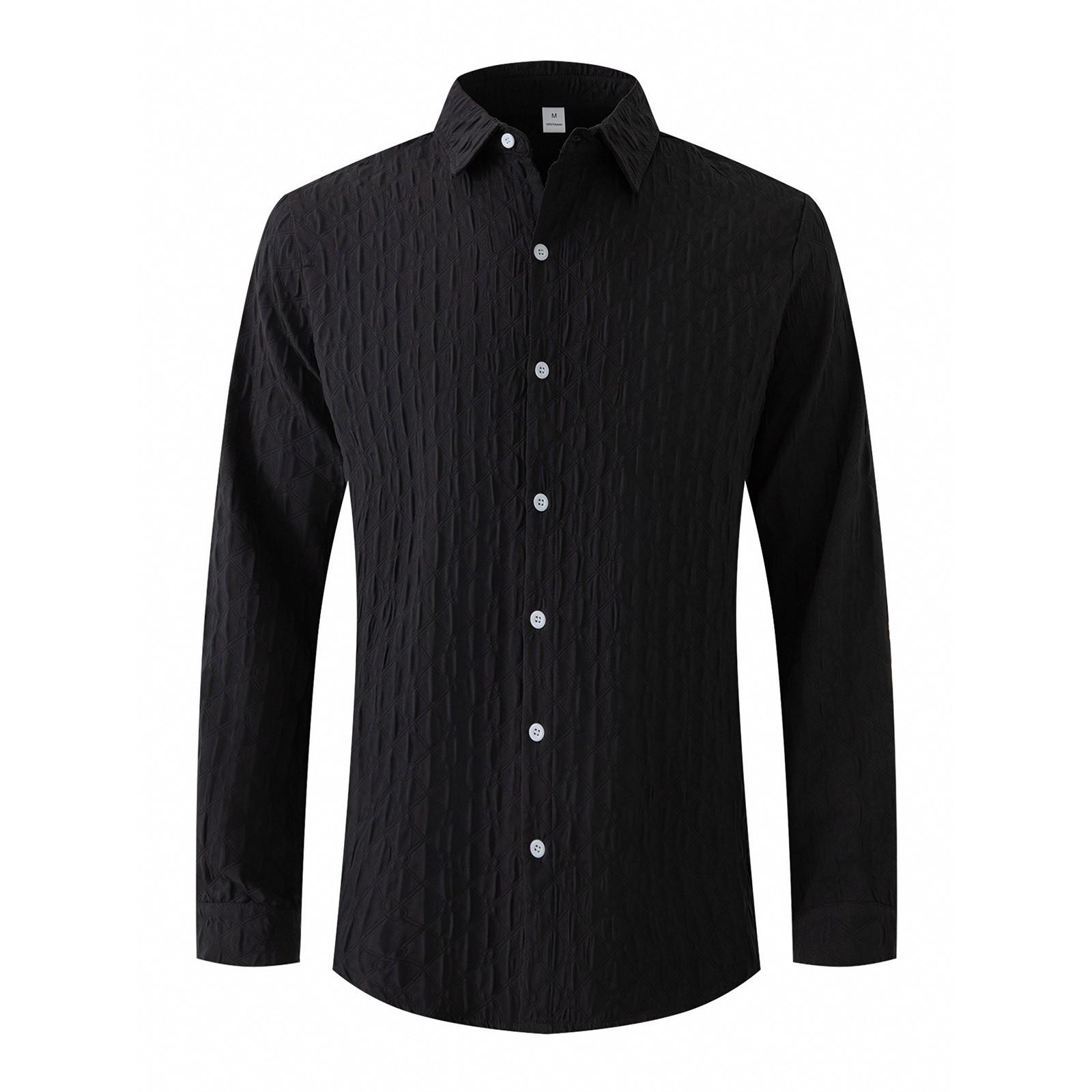 

Мужская однотонная рубашка с длинным рукавом и лацканами, мужская повседневная однобортная рубашка в клетку с длинным рукавом L чёрный